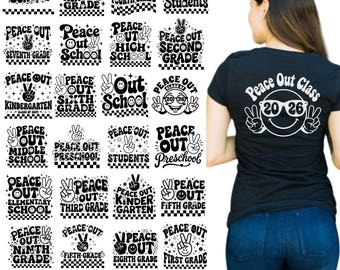 Peace Out School Svg Png Bundle, Peace Out Grade Svg, Peace Out Kindergarten, First Second Grade Svg, Retro Wavy Text For Cricut, Silhouette