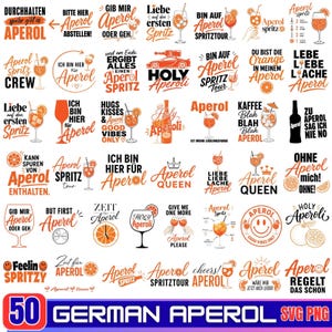 May include: A collection of 50 digital graphic designs featuring the word Aperol, orange slices, cocktail glasses, and various phrases in German and English, presented in a grid layout with orange and black typography and illustrations.