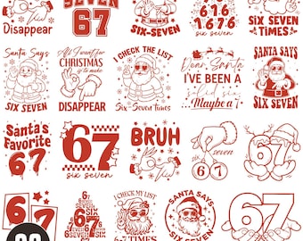 Könnte beinhalten: Eine Sammlung von 20 weihnachtlichen SVG-Designs in Rot und Weiß. Die Designs zeigen den Weihnachtsmann, die Zahlen 6 und 7 sowie Sätze wie "Six Seven", "Santa Says" und "Christmas Meme SVG Bundle."