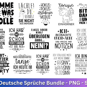 Pode incluir: Um conjunto de 15 frases alemãs em preto, cada uma com um design e fonte únicos. As frases estão dispostas numa grelha e incluem citações humorísticas e motivacionais. Perfeito para projetos de arte digital.