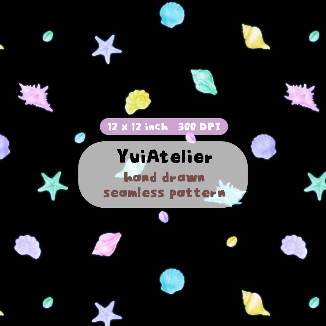 Pastel Seashell Black Seamless Pattern | Hand Drawn Digital Paper for ...