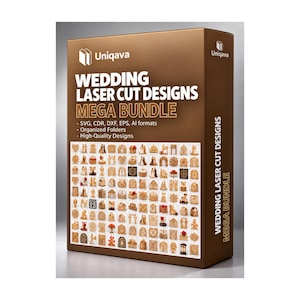 May include: A brown box labelled Uniqava Wedding Laser Cut Designs Mega Bundle. The box displays text listing SVG, CDR, DXF, EPS, AI formats, organised folders, and high-quality designs, with a grid of various small laser-cut wedding motifs.