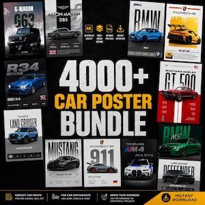 Könnte beinhalten: Eine Sammlung von Autopostern mit verschiedenen Modellen, darunter ein G-Wagon, Aston Martin DB5, BMW M4 und Porsche 911 GT3 RS. Die Poster zeigen die Autos mit ihren Spezifikationen und sind zum sofortigen Download verfügbar.