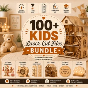 Może przedstawiać: Cyfrowy pakiet ponad 100 plików do wycinania laserowego dla dzieci, z centralną grafiką i napisem 100+ KIDS Laser Cut Files BUNDLE. Zawiera ikony SVG, DXF, EPS, PNG oraz zdjęcia domku dla lalek, skarbonki, miarki wzrostu i lampki nocnej LED.