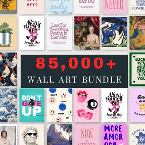 Puede incluir: Una colección de varias impresiones de arte mural con diversos diseños y texto. Las impresiones presentan citas, ilustraciones y arte abstracto en una variedad de colores, incluyendo rosa, azul y amarillo. El texto "85,000+ WALL ART BUNDLE" se muestra de forma destacada.