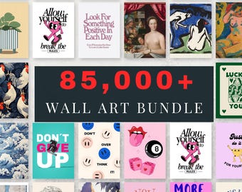 Puede incluir: Una colección de varias impresiones de arte mural con diversos diseños y texto. Las impresiones presentan citas, ilustraciones y arte abstracto en una variedad de colores, incluyendo rosa, azul y amarillo. El texto "85,000+ WALL ART BUNDLE" se muestra de forma destacada.