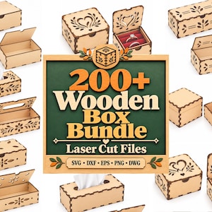 May include: A collection of light-coloured wooden boxes with laser-cut designs, including tissue holders and small jewellery cases with red velvet inserts. The central graphic displays the text 200+ Wooden Box Bundle Laser Cut Files SVG DXF EPS PNG DWG.