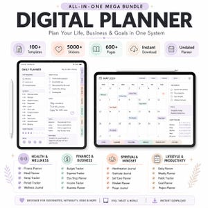 May include: Digital planner bundle with the text "ALL-IN-ONE MEGA BUNDLE DIGITAL PLANNER". Includes templates, stickers, and pages. Features a daily planner and a calendar view for May 2024. Includes health, finance, spiritual, and productivity sections.