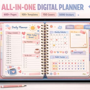 Könnte beinhalten: Ein digitaler Planer auf einem Tablet mit Spiralbindung, mit Tagesplaner, Monatskalender und Gewohnheitstracker. Der Planer enthält den Text "ALL-IN-ONE DIGITAL PLANNER" und "600+ Pages". Dekorative Elemente sind Herzen, Blumen und Aufkleber.