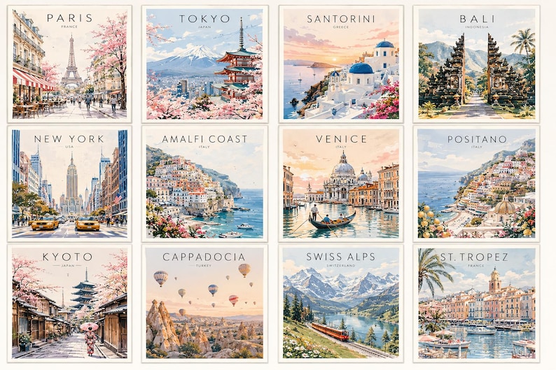 Op de afbeelding: Een verzameling van twaalf aquarelprints met iconische reisbestemmingen. Elke print toont een stadsnaam, zoals Parijs, Tokio en New York, met een bijbehorende landschappelijke illustratie. De prints tonen bezienswaardigheden en landschappen.