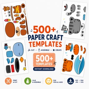Può includere: Una raccolta di 500+ modelli di carta per lavoretti con parti di animali e personaggi dei cartoni animati da ritagliare e assemblare. Il testo recita 500+ PAPER CRAFT TEMPLATES, CUT, ASSEMBLE, CREATE, 500+ TEMPLATES, INSTANT DOWNLOAD, PRINT & CUT, GLUE & ASSEMBLE, FUN FOR ALL AGES, PDF, PNG, JPG, SVG.
