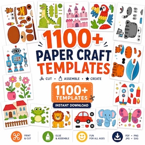 1100+ Paper Craft Templates Bundle, Printable Paper Crafts for Kids, Cut and Paste Activities, DIY Paper Toys, Homeschool PDF Instant Files.