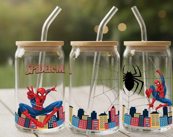 Comic Web Hero 473 ml glasburk med inslagning i PNG | Maskerad superhjälte, stadssilhuett, Libbey-mugg, sublimeringsdesign | Digital nedladdning