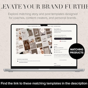 Headline 'Elevate your brand further' on a beige textured background. In the centre a laptop with a screenshot of the matching Etsy listing, roundel says 'Matching Product'. Tagline along the bottom says 'Find the link to these matching templates in the description'.