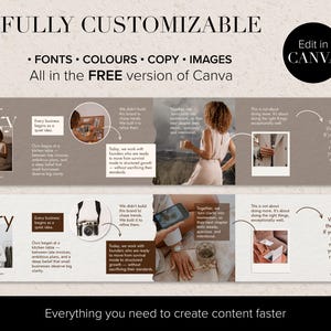 Examples of a seamless carousel templates with the same Canva template below showing how elements make them editable templates. The text "FULLY CUSTOMIZABLE" and "Edit in CANVA". The design features a light beige background with the words "Our Story" and images of people, text, and graphics creating neutral templates. The text includes "FONTS COLOURS COPY IMAGES".