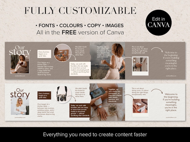 Examples of a seamless carousel templates with the same Canva template below showing how elements make them editable templates. The text "FULLY CUSTOMIZABLE" and "Edit in CANVA". The design features a light beige background with the words "Our Story" and images of people, text, and graphics creating neutral templates. The text includes "FONTS COLOURS COPY IMAGES".