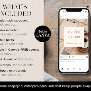 Image promoting Instagram carousel templates. Text highlights features like ready-made carousels, slides, and bonus posts. A phone screen displays a carousel template with the text "The first chapter". The image promotes easy editing with Canva templates.