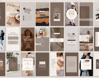 May include: A collection of twenty-four social media story templates featuring a neutral color palette of beige, cream, and brown. The templates include various layouts with serif typography, minimalist frames, and placeholders for text and images.