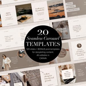 Könnte beinhalten: Eine Sammlung von 20 nahtlosen Karussell-Vorlagen für soziale Medien in einer neutralen Farbpalette aus Beige, Braun und Weiß. Das Design umfasst verschiedene Layouts mit Serifenschrift, Platzhaltertext und kreisförmigen Bildrahmen für Inhalte.