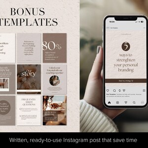 Beige textured background with nine bonus social media templates on the right and a lifestyle image of a smartphone with an example of a post template on the screen. A female hand holding the phone. A tagline along the bottom says 'Written, ready-to-use Instagram posts that save time'.