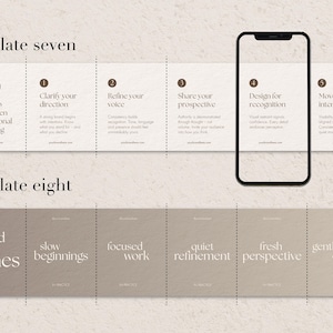 Two layout options for Seamless carousel templates, Canva templates. The top section is titled "Template seven" and lists "5 ways to strengthen your personal branding." The bottom section is titled "Template eight" and lists "Behind the scenes, slow beginnings, focused work, quiet refinement, fresh perspective, gentle closure."