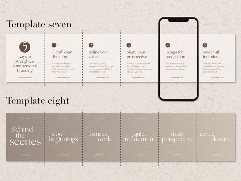 Two layout options for Seamless carousel templates, Canva templates. The top section is titled "Template seven" and lists "5 ways to strengthen your personal branding." The bottom section is titled "Template eight" and lists "Behind the scenes, slow beginnings, focused work, quiet refinement, fresh perspective, gentle closure."
