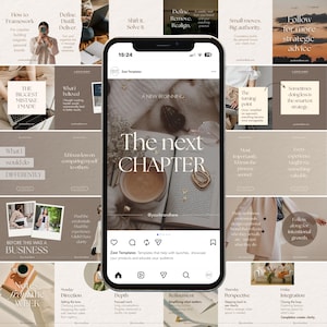 Peut inclure: Un smartphone affichant un fil d'actualité sur les réseaux sociaux avec une publication centrale montrant un livre ouvert, une tasse de café et le texte The next CHAPTER. L'interface inclut des icônes de navigation et le nom Zest Templates.
