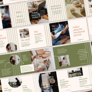 Puede incluir: Una colección de diapositivas digitales para redes sociales con una paleta de colores apagados de verde oliva, crema y marrón suave. Las diapositivas contienen varias fotografías de personas trabajando, escribiendo y bebiendo café, superpuestas con texto.