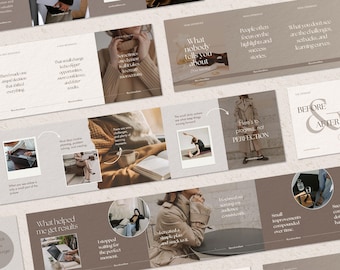 May include: A collection of social media templates featuring a neutral beige and brown color palette. The designs include various layouts with text overlays, photographic elements, and graphic icons, showcasing lifestyle imagery and motivational quotes.