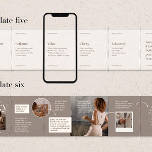 A smartphone mockup showcases a social template with text on a beige background. The carousel templates are labelled "Template five" and "Template six". The presentation includes text such as "Your problem isn't leads" and "Our story".