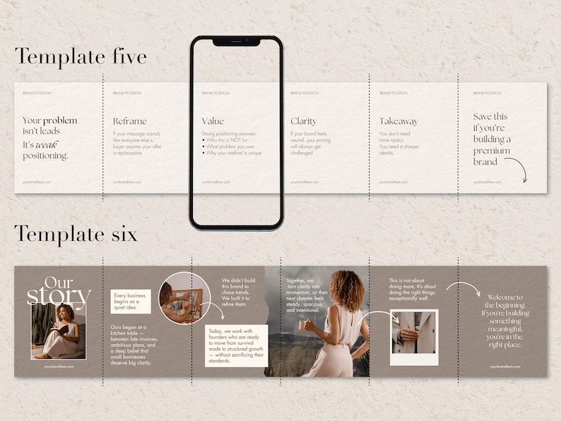 A smartphone mockup showcases a social template with text on a beige background. The carousel templates are labelled "Template five" and "Template six". The presentation includes text such as "Your problem isn't leads" and "Our story".