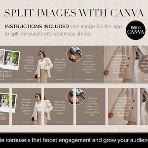 Promotional image for Canva's split image feature for Seamless Carousel template designs. Text reads "SPLIT IMAGES WITH CANVA" and "INSTRUCTIONS INCLUDED". The image shows a woman in a beige suit, and text boxes with phrases like "BEFORE THIS WAS A BUSINESS".