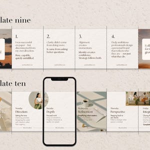 Two layout options for Seamless carousel templates, Coaching and creator templates. The design features text and images in a grid layout, with phrases like "What changed everything" and "Notes from the week". The color palette includes beige, brown, and white.