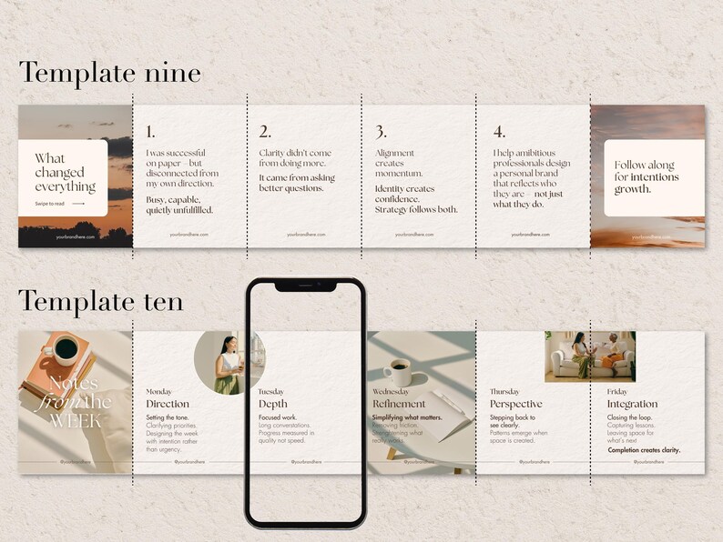 Two layout options for Seamless carousel templates, Coaching and creator templates. The design features text and images in a grid layout, with phrases like "What changed everything" and "Notes from the week". The color palette includes beige, brown, and white.