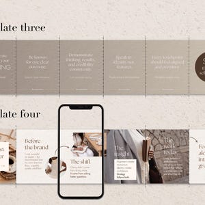 Two layout options for neutral templates, social media templates. The template is divided into sections with text including "How to create demand for your COACHING" and "The first chapter". A smartphone is in the centre.