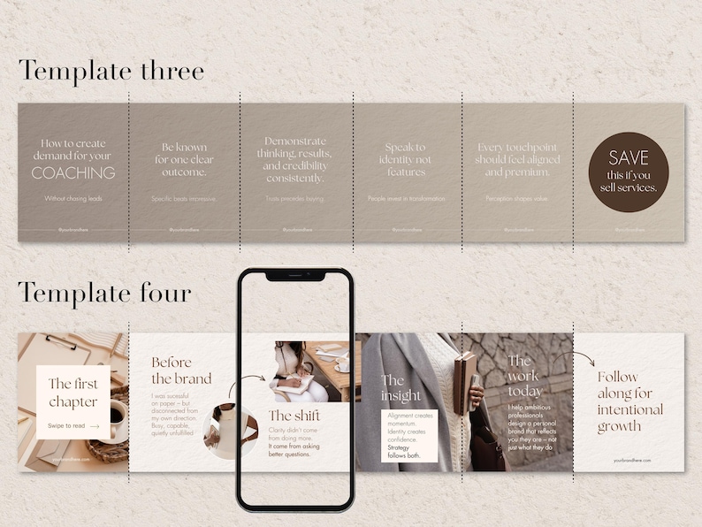 Two layout options for neutral templates, social media templates. The template is divided into sections with text including "How to create demand for your COACHING" and "The first chapter". A smartphone is in the centre.