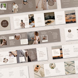 May include: A collection of marketing materials with a neutral color palette. The materials include text and images, with phrases like "Before the brand," "Our story," and "Follow along for intentional growth." The overall theme is business and coaching.