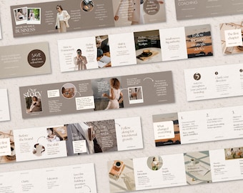May include: A collection of marketing materials with a neutral color palette. The materials include text and images, with phrases like "Before the brand," "Our story," and "Follow along for intentional growth." The overall theme is business and coaching.