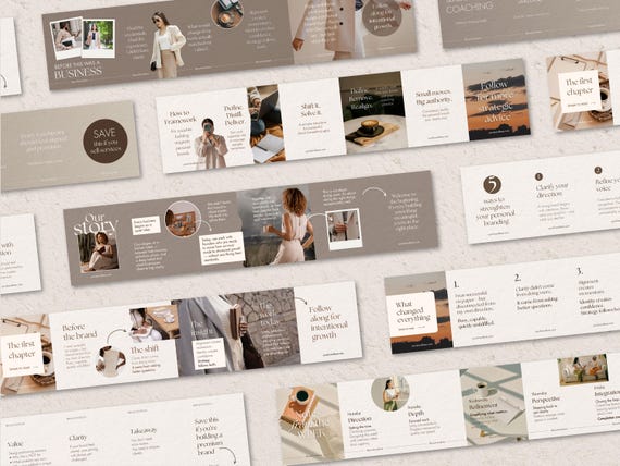 10 Seamless Carousel Templates Canva, Neutral Beige Social Media Templates Kit (60 Slides)