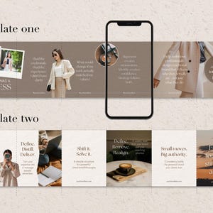 Two layout options for Seamless carousel templates, luxury templates. Template one features photos and text like "Before this was a business." Template two includes text like "How to Framework" and "Define, Distill, Deliver."