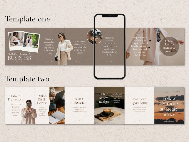 Two layout options for Seamless carousel templates, luxury templates. Template one features photos and text like "Before this was a business." Template two includes text like "How to Framework" and "Define, Distill, Deliver."