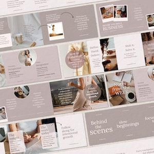 Puede incluir: Un conjunto de plantillas digitales para redes sociales con una paleta de colores malva apagado y blanco. El diseño incluye varias secciones con superposiciones de texto como 'Before this was a business', 'The insight' y 'Behind the scenes', junto con pequeñas inserciones fotográficas de café, portátiles e imágenes de estilo de vida.