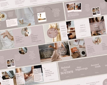 May include: A digital social media template set featuring a muted mauve and white color palette. The layout includes various sections with text overlays such as 'Before this was a business', 'The insight', and 'Behind the scenes', alongside small photographic inserts of coffee, laptops, and lifestyle imagery.