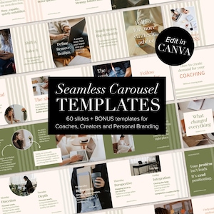 May include: A set of social media templates for coaches, creators, and personal branding. The templates use a neutral colour palette with text overlays and images. The text includes phrases like "Seamless Carousel TEMPLATES" and "Edit in Canva."