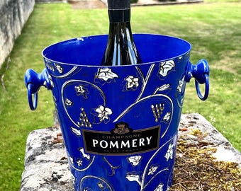 Pommery champagne cooler blue enamel metal ice bucket grapevine design Reims France