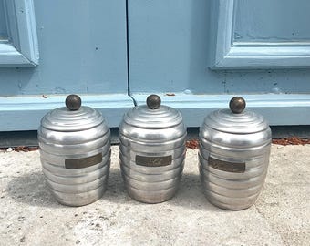 Set di 3 barattoli da cucina italiani in alluminio con nervature a nido d'ape, ideali per caffè e zucchero.