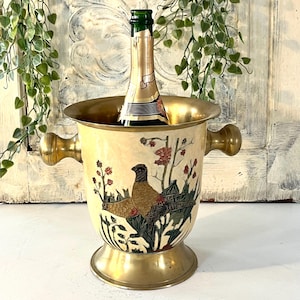 Cloisonné-ijsemmer, vintage Frans perzik email fazant bloemdessin, messing servies