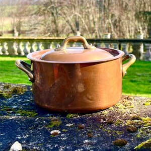May include: A copper cooking pot with a lid and two side handles, and a single handle on the lid. The pot is a warm brown color and sits on a stone surface. The background features green grass and trees.