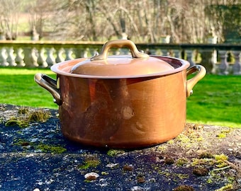 Marmite en cuivre marmite - marmite française vintage avec poignées en laiton, intérieur doublé, faitout classique