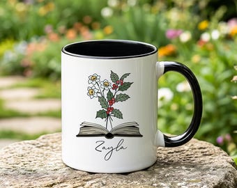 Tazza personalizzata con fiore di nascita, tazza da caffè personalizzata con nome per amanti dei libri, regalo per ringraziare gli insegnanti.
